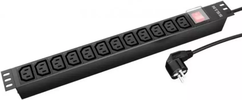 Блок розеток 19", 12 розеток NTSS NTSS-PDU-DA2039 1U, алюминий, 1ф16A, 3.7кВт, (12)C13, выкл. с подсв.и крыш., 2м каб., вил. Schuko