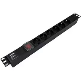 Блок розеток 19, 6 розеток Hyperline SHE19-6SH-S-IEC горизонтальный, с выключателем с подсветкой, Schuko (10А), 250В, без кабеля питания, входная розе