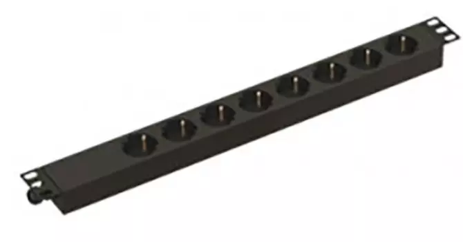 Блок розеток 19", 8 розеток Hyperline SHE19-8SH-CB горизонтальный, Schuko, без кабеля питания, клеммная колодка 16A, 250В, корпус алюминий, черный