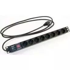 Блок розеток 19, 8 розеток Hyperline SHE19-8SH-S-2.5EU Schuko (16A), 250В, кабель питания 3х1.5мм2, длина 2.5 м, с вилкой Schuko, 482.6x44.4x44.4мм (Д