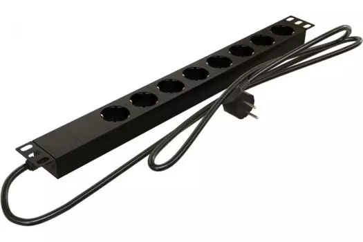 Блок розеток 19", 8 розеток Hyperline SHE19-8SH-16-2.0EU Schuko, 16A, кабель питания 2,0 метра (3х1,5мм2) с вилкой Schuko