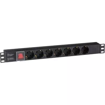 Блок розеток Exegate ServerPro PDU-19H703 Al-7S-C20-SW EX280838RUS (19", 1U, Алюминий, 7 Schuko, С20, выкл. с подсветкой, черный, RTL)