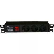 Блок розеток Hyperline SHE10-3SH-S-IEC 10", 250В, 1U, 16А, 3 розетки Schuko, с выключателем, алюминиевый корпус, разъем IEC 60320 C14