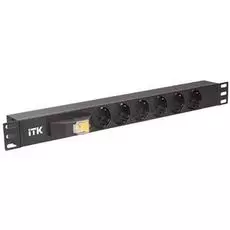 Блок розеток ITK PH12-6D1-P на 6 розеток DIN49440 (нем. cтанд.) с LED выключателем, 1U, шнур 2м вилка DIN49441 (нем. станд.), профиль из ПВХ, черный