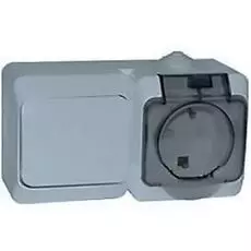 Блок Schneider Electric BPA16-241C Этюд выключатель 1-клавишная + розетка с заземлением, со шторками, наружный, 250В, 2300 Вт, IP44 (серый)