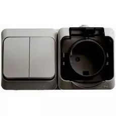 Блок Schneider Electric BPA16-242C Этюд выключатель 2-клавишный + розетка с заземлением, со шторками, наружный, 250В, 2300 Вт, IP44 (серый)