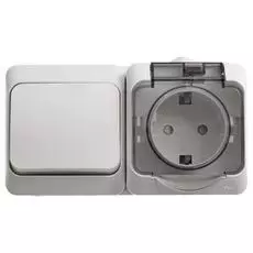 Блок Schneider Electric BPA16-246B Этюд Блок переключатель 1-клавишный + розетка с заземлением, со шторками, наружный, 250 В, IP44 (белый)