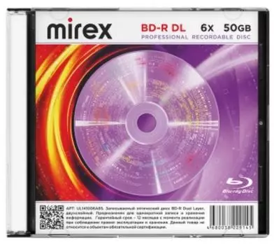Диск BD-R Mirex UL141006A6S 50Gb, 6x, Slim Case (1), DL (1/50)