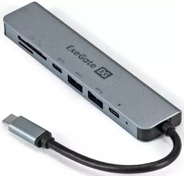 Док-станция Exegate EX293983RUS 7-в-1 (кабель-адаптер USB Type-C --> 2xUSB3.0 + Card Reader + PD 100W + HDMI 4K@60Hz, Plug&Play, серый)