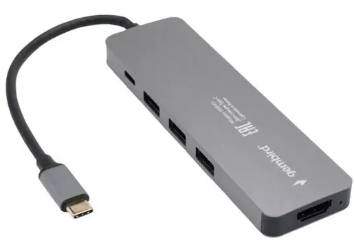 Док-станция Gembird UHB-D1 Type-C 5в1: 3хUSB3.1, PD100W, HDMI, кабель 17см, алюминий