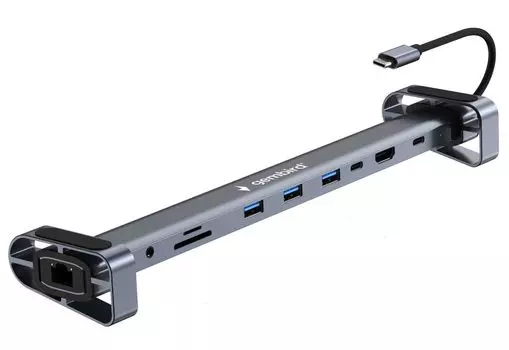 Док-станция Gembird UHB-D5 Type-C, 10в1:3xUSB3.1, PD87W, Jack, SD/TF, HDMI, RJ45, Type-C, кабель14см