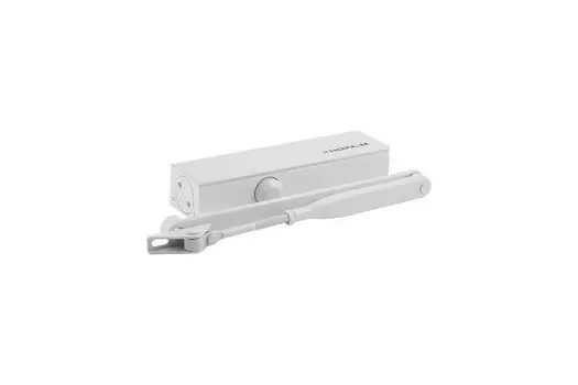 Доводчик НОРА-М 830 BC (белый) НОРА-М 19308 в плоском корпусе для дверей весом 40 - 150 кг, двухскоростной, с быстроразъемной рычажной тягой. Класс до