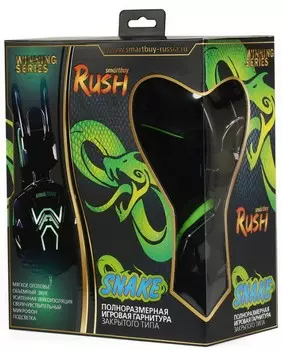 Гарнитура SmartBuy RUSH SNAKE SBHG-1200 игровая, велюровые амбушюры, шнур 2,2 м, черный/зеленая (1/30)