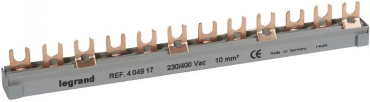 Гребёнчатая шина Legrand 404917 HX 3П, 63А, 10 мм, 12 модулей, вилочное подключение