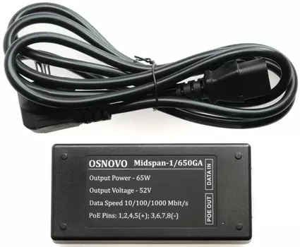Инжектор OSNOVO Midspan-1/650GA PoE Gigabit Ethernet на 1 порт, мощностью до 65W. Совместим с оборудованием PoE IEEE 802.3af/at/bt. Мощность PoE на по