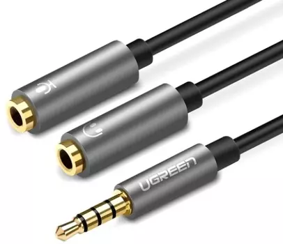 Кабель акустический UGREEN AV141 30619_ 2*Jack 3.5mm(гнездо)/Jack 3.5mm(штекер), 0.2м, черный