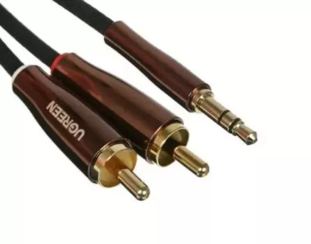 Кабель аудио UGREEN AV170 80848_ 3.5mm Male to 2*RCA Copper Case Braided Aux, 3м, черный/темно-медный