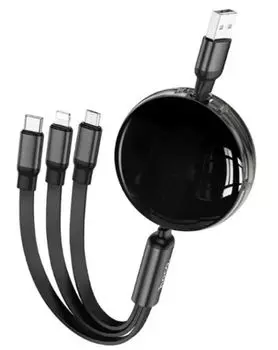 Кабель Hoco X78 Easy pull storage 3-in-1 Hoco 91290 USB (m)-Lightning (m)/USB Type-C (m)/micro USB (m) 1м черный