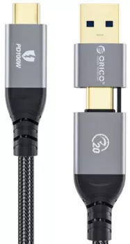 Кабель интерфейсный Orico ORICO-ACC20-20-BK-BP Type-C/Type-C+Type-A 2 в 1, 10-20 Гбит/с, 100 Вт, 2 м, черный