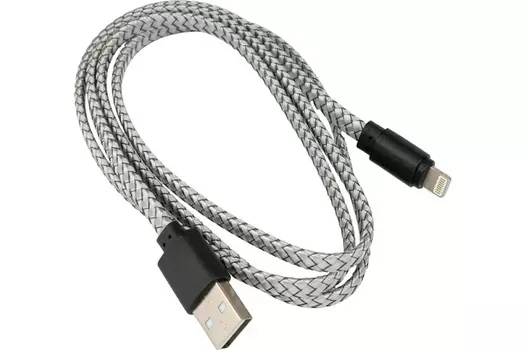 Кабель интерфейсный USB 2.0 Cablexpert CC-USB2-AMAP-FL-1M плоский AM/Lightning, 2.1А,12Вт, медь, нейлоновая оплетка, 1м, серый, пакет