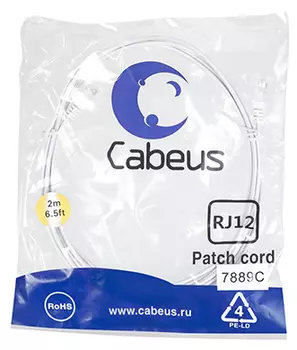 Кабель патч-корд Cabeus PC-TEL-RJ12-2m 6p4c телефонный, 2 м, белый