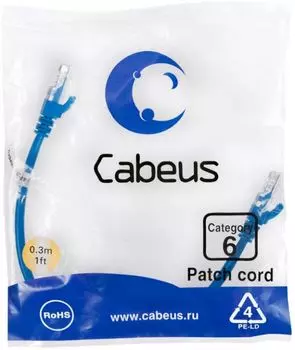 Кабель патч-корд U/UTP 6 кат. 0.3м Cabeus PC-UTP-RJ45-Cat.6-0.3m-BL-LSZH 2xRJ45/8p8c, неэкранированный, синий, LSZH, 0.3м