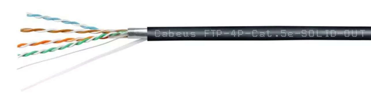 Кабель витая пара F/UTP 5e кат. 4 пары Cabeus FTP-4P-Cat.5e-SOLID-OUT-LSZH-UV-100 (24 AWG), одножильный, экран - фольга, для внутренней и внешней прок