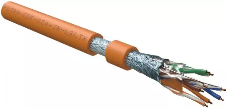 Кабель витая пара F/UTP 5e кат. 4 пары Hyperline FUTP4-C5E-S24-IN-LSLTX-OR-305 (305 м) (24 AWG), одножильный (solid), экран - фольга, нг(А)-LSLTx, вну