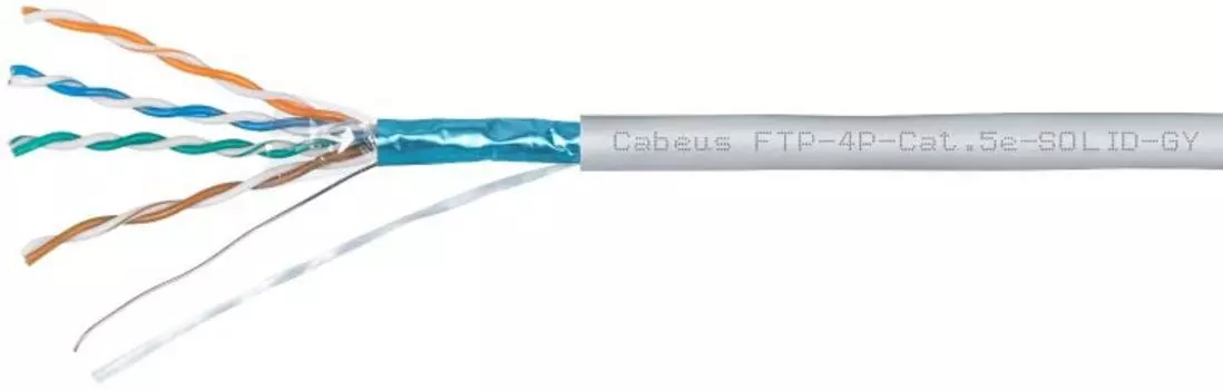 Кабель витая пара F/UTP 5e кат. 4 пары Cabeus FTP-4P-Cat.5e-SOLID-GY-100 (24 AWG), одножильный, экран - фольга (305 м), PVC нг(А)-LS (100 м)