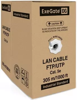 Кабель витая пара S/FTP 5e кат. 4 пары Exegate SFTP4-C5e-CU-S24-IN-PVC-GY-305 EX281809RUS медь, 24AWG, экран, бухта 305м, серый, PVC