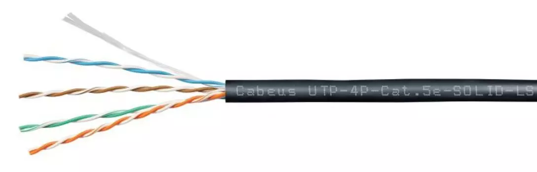 Кабель витая пара U/UTP 5e кат. 4 пары Cabeus UTP-4P-Cat.5e-SOLID-LSZH-BK-100 (24 AWG), одножильный,