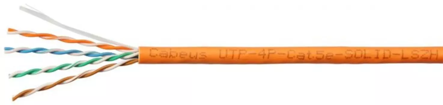 Кабель витая пара U/UTP 5e кат. 4 пары Cabeus UTP-4P-Cat.5e-SOLID-LSZH-OR-LIGHT-100 0,48мм (24 AWG), одножильный, LSZH, нг(А)-HF, оранжевый, (100 м)