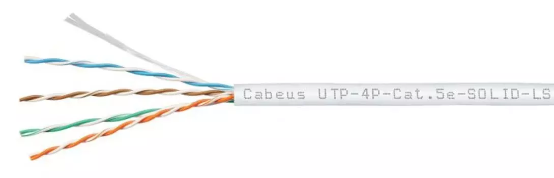 Кабель витая пара U/UTP 5e кат. 4 пары Cabeus UTP-4P-Cat.5e-SOLID-LSZH-WH-100 (24 AWG), одножильный, белый, LSZH, нг(А)-HF, (100 м)
