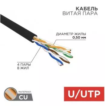 Кабель витая пара U/UTP 5e кат. 4 пары Rexant 01-0045-R PE, 4PR, 24AWG, OUTDOOR, SOLID, черный, 305м, РФ REXANT