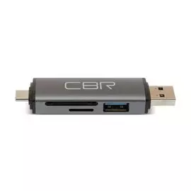 Карт-ридер CBR Gear Type-C/USB 3.0 (2 в 1), до 5 Гбит/с, microSD/T-Flash/SD/SDHC/SDXC, доп.выход USB 3.0 хаб, поддержка OTG, алюминиевый корпус