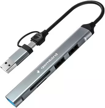 Карт-ридер Gembird FD2-MSD-3 Type-C/USB-A (3.1), 5в1: 2xUSB2.0, USB3.1, SD/TF, кабель 10см, алюминий