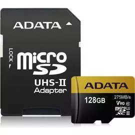 Карта памяти 128GB ADATA AUSDX128GUII3CL10-CA1 MicroSDCX Premier ONE Class 10 UHS-II U3 V90 275MB/s (SD адаптер)