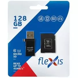 Карта памяти MicroSDXC 128GB Flexis FX128GMSDXCU1 Class10 U1, c адаптером, USB картридером, чёрная