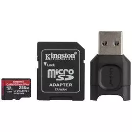 Карта памяти 256GB Kingston MLPMR2/256GB microSDXC, UHS-II Class U3 V30 A2, чтение: 285Мб/с, запись: 165Мб/с, с адаптером и USB-ридером