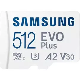Карта памяти MicroSDXC 512GB Samsung MB-MC512KA/RU EVO PLUS, U3, V30, A2, UHS-I, Class 10, 130MB/s + adapter