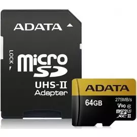 Карта памяти 64GB ADATA AUSDX64GUII3CL10-CA1 Premier ONE microSDXC Class 10 UHS-II U3 V90 275MB/s (SD адаптер)