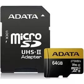 Карта памяти 64GB ADATA AUSDX64GUII3CL10-CA1 Premier ONE microSDXC Class 10 UHS-II U3 V90 275MB/s (SD адаптер)