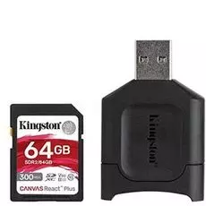 Карта памяти 64GB Kingston MLPR2/64GB SDXC, UHS-II Class U3 V90, чтение: 300Мб/с, запись: 260Мб/c, с USB-ридером