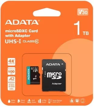 Карта памяти MicroSDXC 1024GB ADATA AUSDX1TUI3V30SA2-RA1 Class 10 UHS-I U3 V30S A2 100/80 MB/s (SD адаптер)