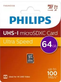 Карта памяти MicroSDXC 64GB Philips FM64MD55B/97 High Speed Class UHS-I U3, V30, A1, 100MB/s