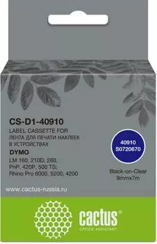 Картридж ленточный Cactus CS-D1-40910 черный/прозрачный для Dymo LM 160, 210D, 280, PnP, 420P,