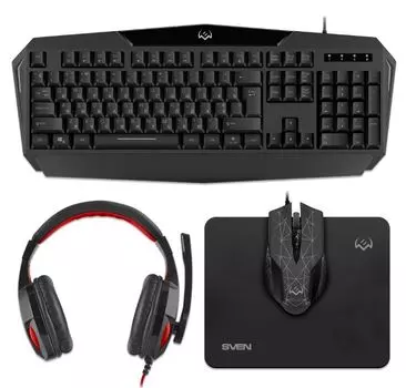 Клавиатура и мышь Sven GS-4300 SV-018382 игровые, + гарнитура + коврик (104 кл.+12Fn, 8 смен. кл., 200-4800DPI)