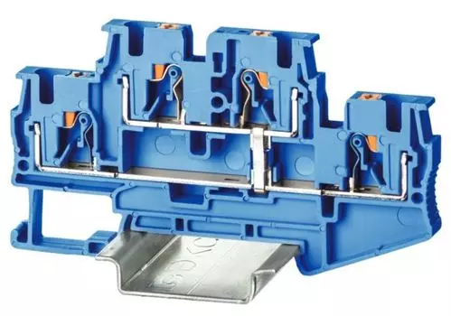 Клемма DKC VPRTT-4-PV-BU двухуровневая, зажим push-in, 4 точки подключения, с перемычкой между уровнями, 4 кв.мм, синяя, "Nuputuk"