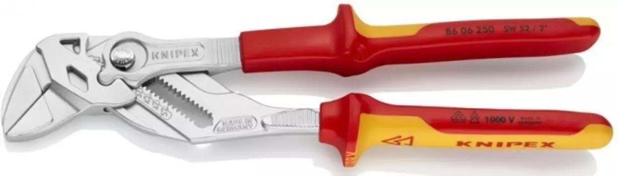 Клещи Knipex KN-8606250 переставные-гаечный ключ VDE 1000В 52мм (2дюйм) L-250мм диэлектрические Cr-V хром. 2-компонентные рукоятки