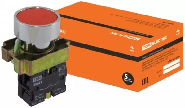 Кнопка TDM SQ0704-0058 BА41 без подсветки красный 1з (упак. 10 шт)